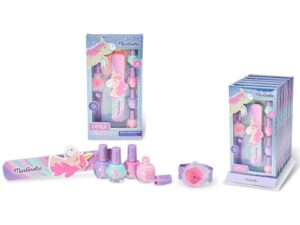 Set regalo con 4 smalti + 1 orologio lip gloss + 1 limetta Unicorno